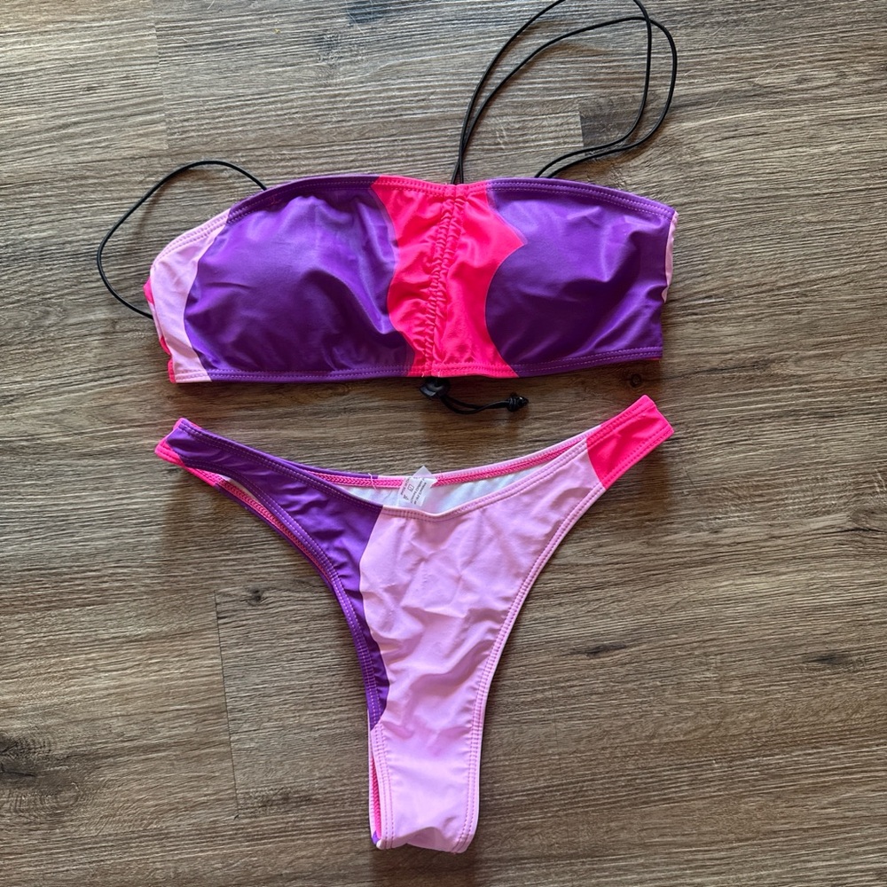 SHEIN Purple Pink Colorblock Bandeau Bikini Set